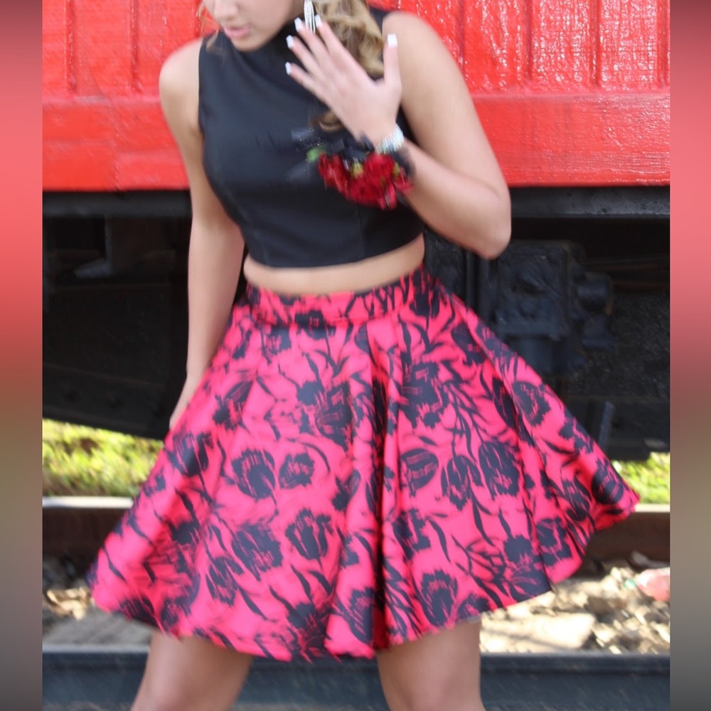 Floral Black and Red Homecoming Dress